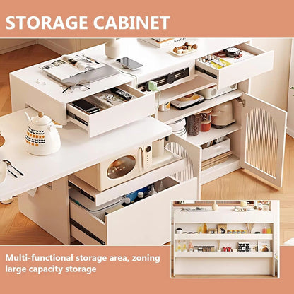 47” - 63” Elegant White Kitchen Island Includes Open Shelf & Glass Door (No Chair)