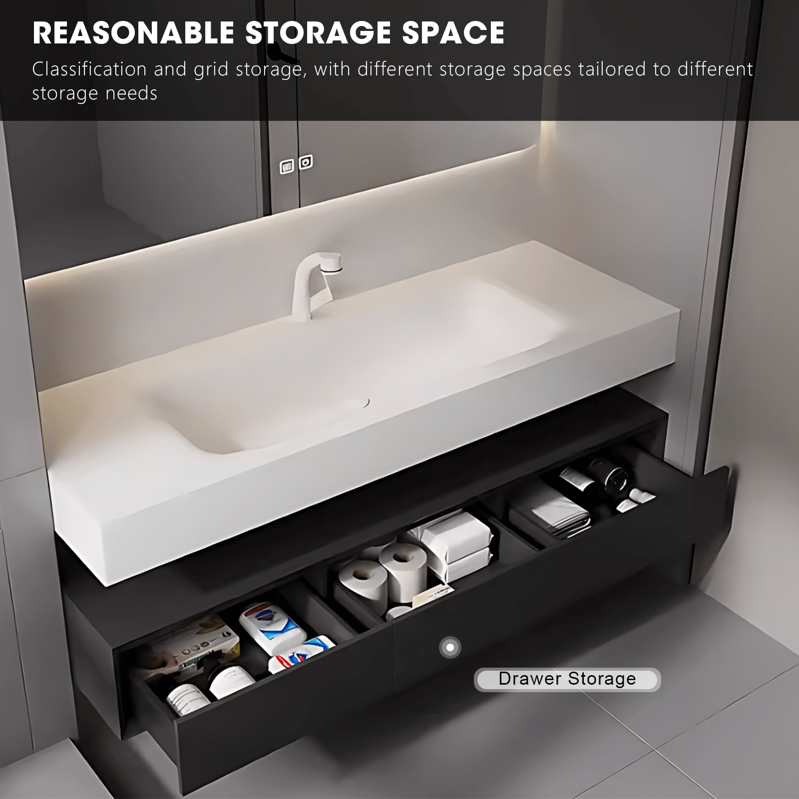 36"- 52" White And Black  Bathroom Vanity Set with Single Sink  And LED Smart Mirror