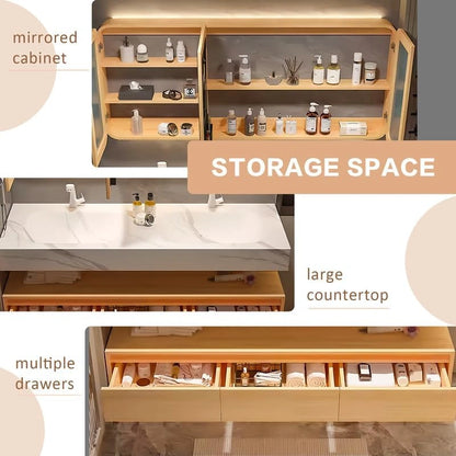 60” - 78” Floating Solid Wood Bathroom Vanity with Three Large Drawers & Smart Mirror