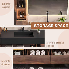 52"-72" Solid wood black basin bath vanity multi drawers big smart mirror