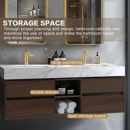 60” - 78” Brown Elegant Bathroom Vanity with Double Sinks Includes Symmetrical Drawer