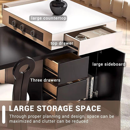 98” - 106” Black Elegant Kitchen Island with Visual Stripe Glass Cabinets Door (No Chair)