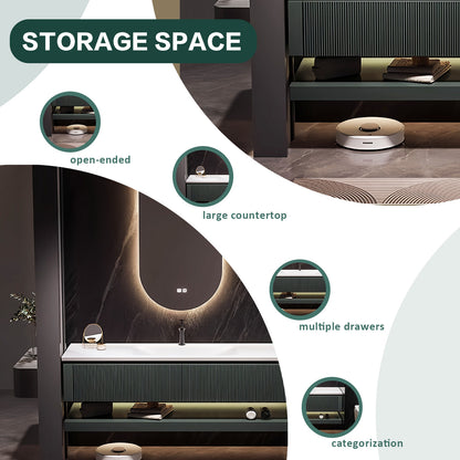 36"- 64" Bathroom Vanity with Wall Mounted Led Oval Mirror and Single Sink