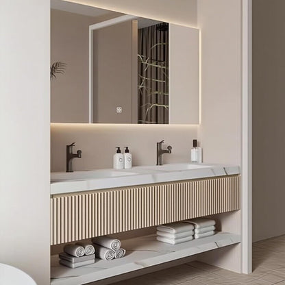 52''-110'' Modern Bathroom Vanity with Double Sinks Includes Beige Striped Design Panel