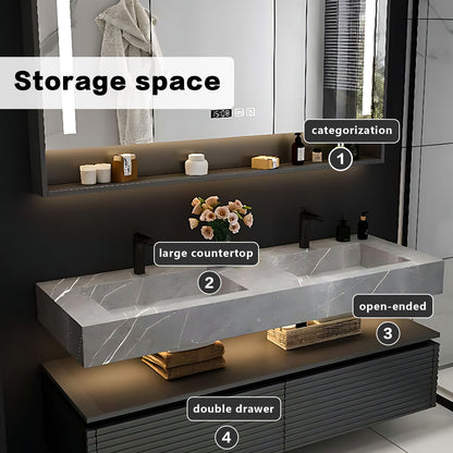 52"- 78"  Open Storage Floating Double Sink And Faucet With LED Smart Mirror