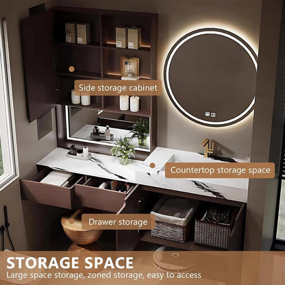 64” - 84” Brown Bathroom Vanity with Side Cabinet with Open Shelves