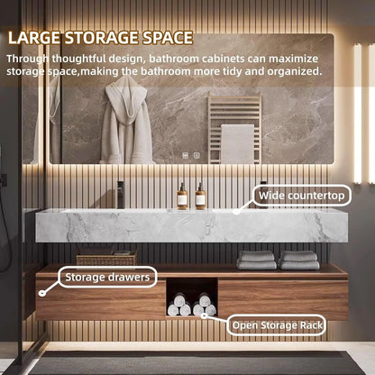 60” - 78” Modern Wood Bathroom Vanity with White Textured Rock Countertop