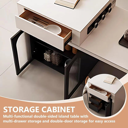66” - 82” Simple Cozy Kitchen Island Includes Unique Hollow Design Base & Glass Cabinet (No Chair)
