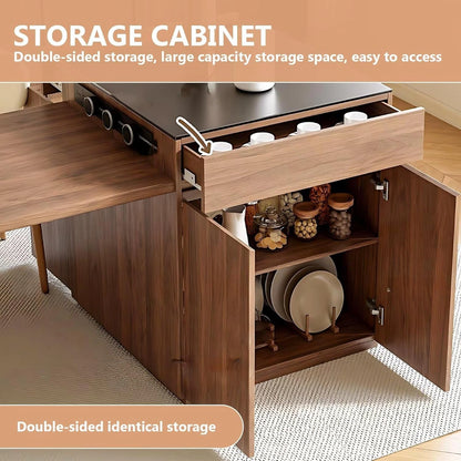 61” - 81” Brown Elegant Kitchen Island with Pull-Out Cabinet&Dining Table (No Chair)
