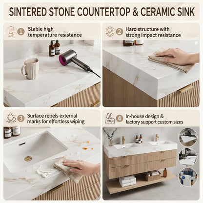 52''-110'' Wall Mounted Modern Double Sink Bathroom Vanity with Mirror Storage and Under-Cabinet Shelf