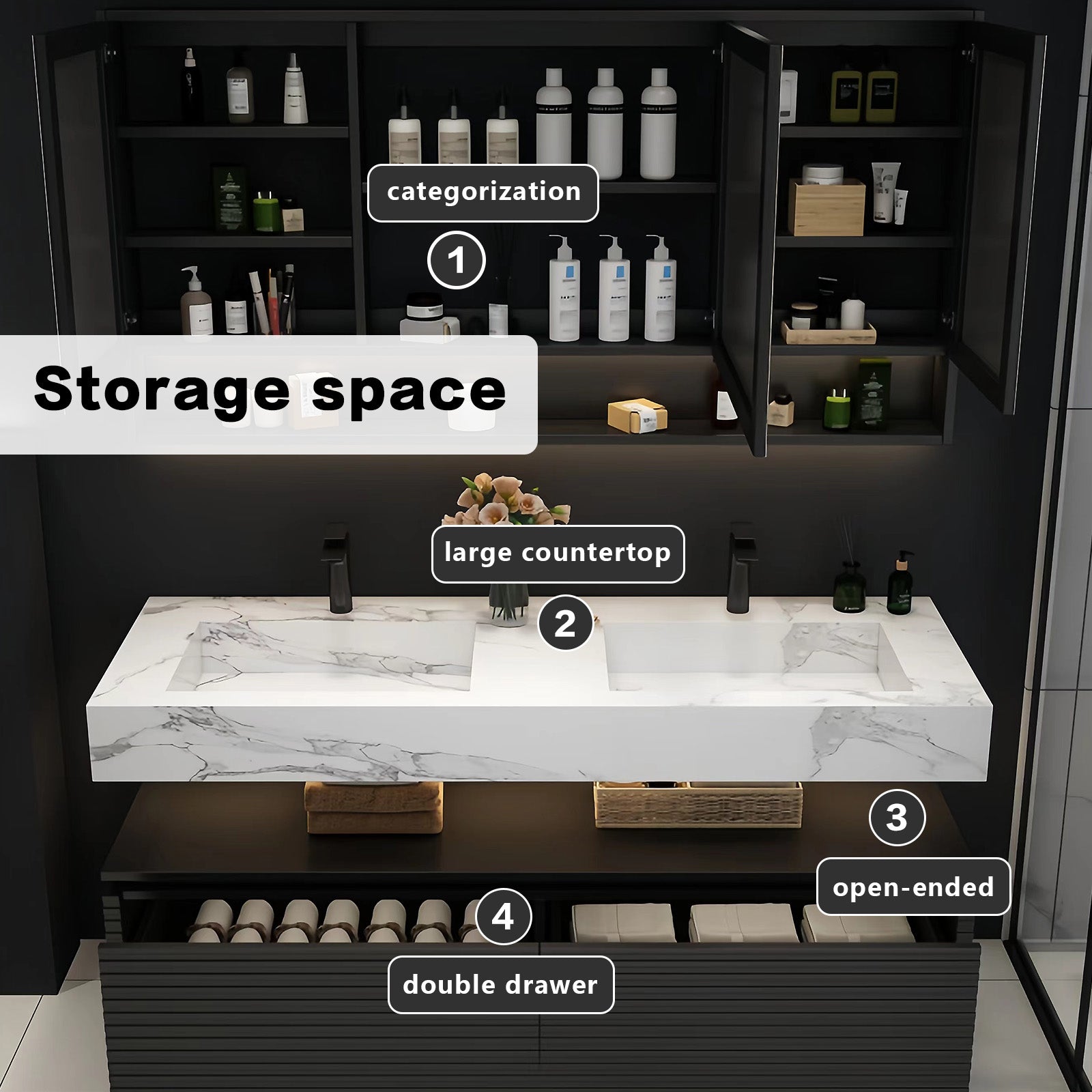 52"- 78"  Floating Vanity Double Sink Open Storage and LED Smart Mirror
