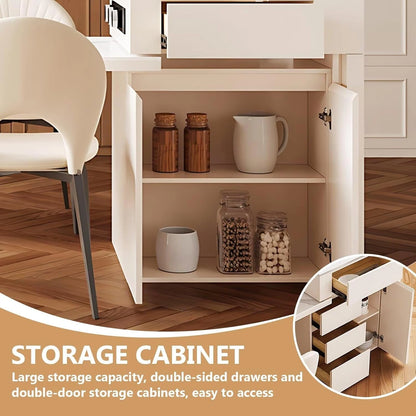 66” - 82” White Kitchen Island Includes Unique Table Leg Design & Slide Rail Socket (No Chair)