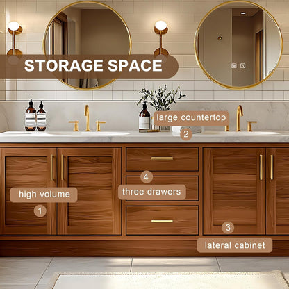 68” - 96” Wood Grain Bathroom Vanity with Exquisite Handle and Round Mirror