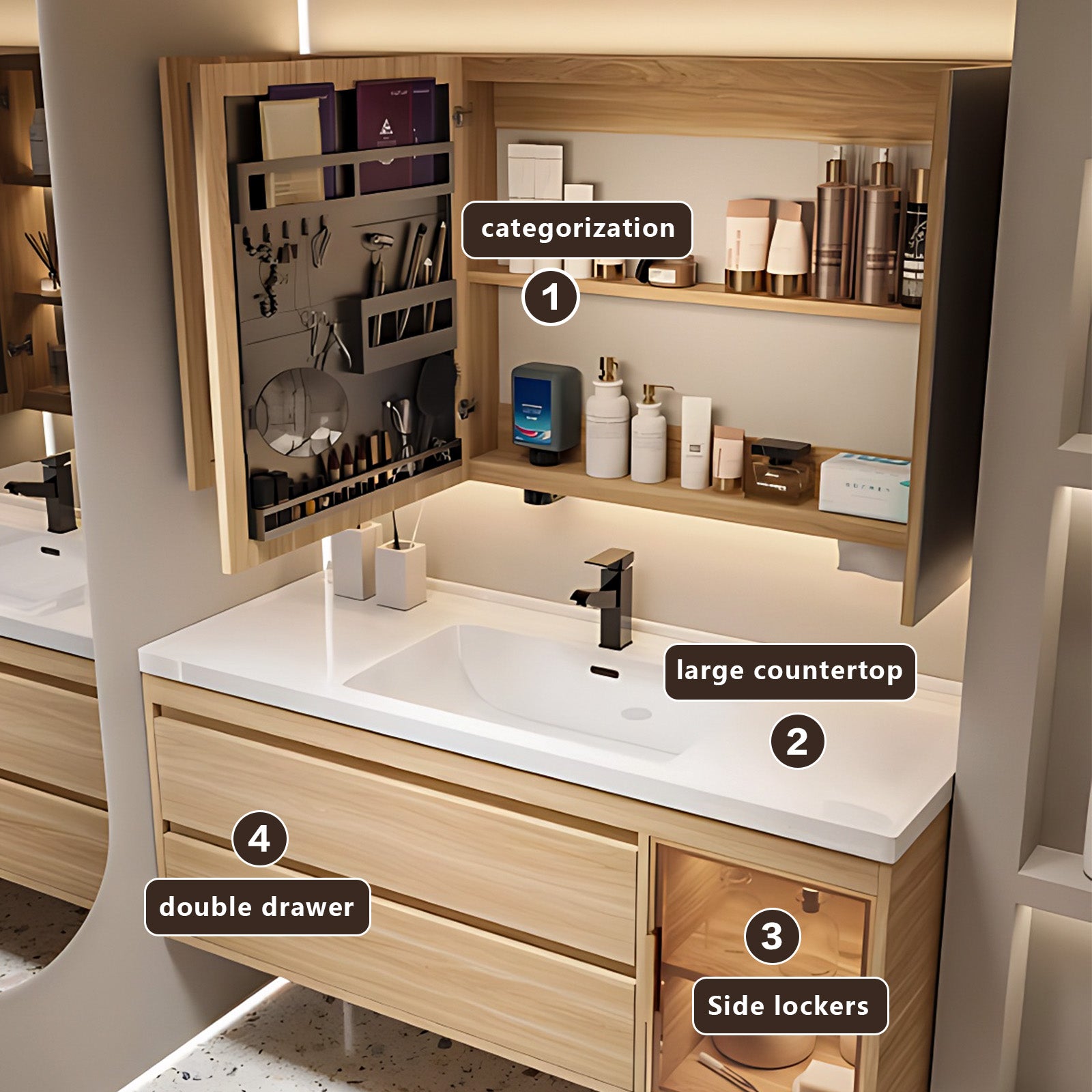 40"- 64" Single Basin And Sink Solid Wood Cabinet With LED Mirror Cabinet