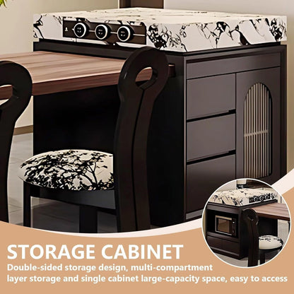 75” – 98” Black Luxury Kitchen Island Includes Unique Texture Tabletop & Glass Door Cabinet (No Chair)