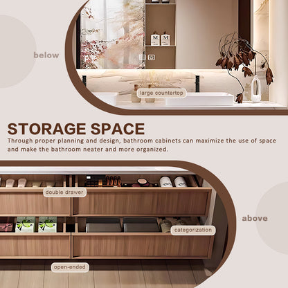 56"- 78" Floating Double Ceramic Sink With Led Lighting Smart Mirror