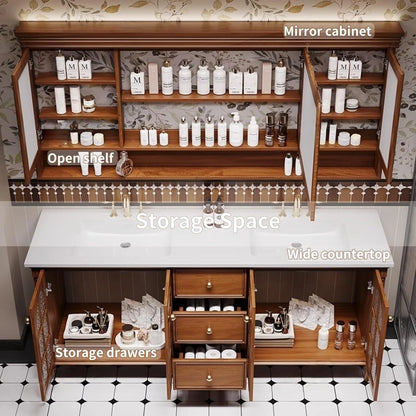 60” - 76” Retro Bathroom Vanity with Glass Door Design and Open Storage Rack