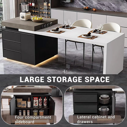 87” - 102” Simple Modern Kitchen Island with Atmosphere Lights & Storage (No Chair)