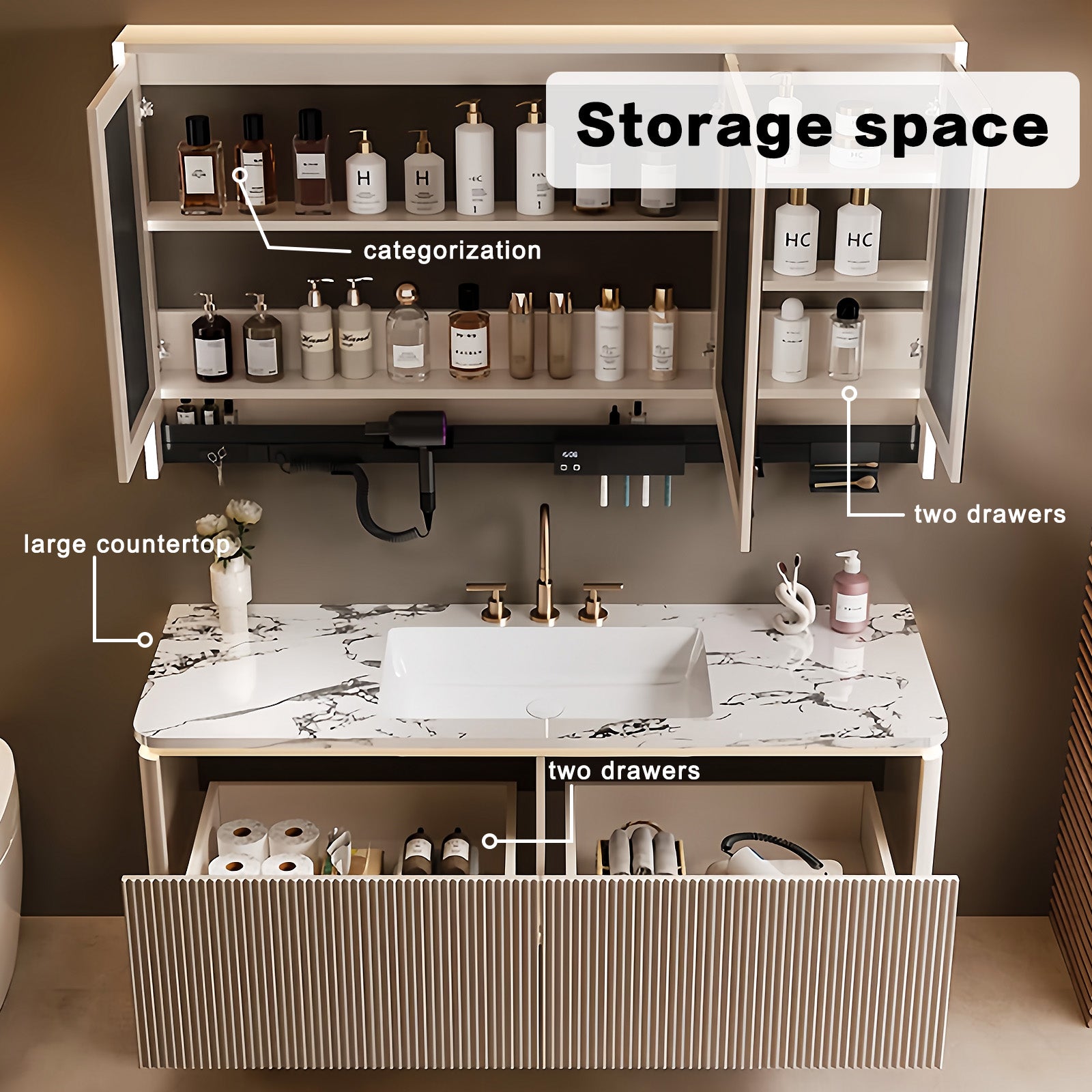 36"- 64" Wall Mounted Single Bathroom Vanity Set with Smart Led Mirror Cabinet and Ceramic Basin