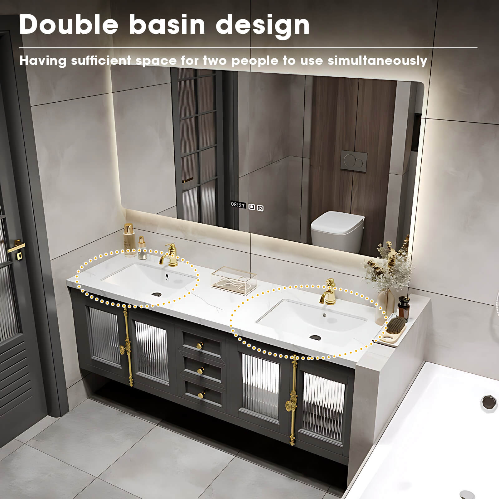 56"- 78" High-end Double Sink Bathroom Vanity with Sense of Atmosphere Defogging Mirror