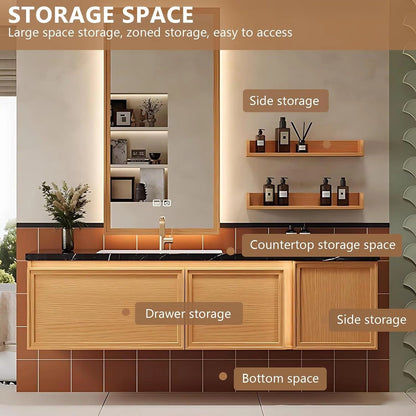 60” – 76” Wood Grain Bathroom Vanity with Open Storage Shelves