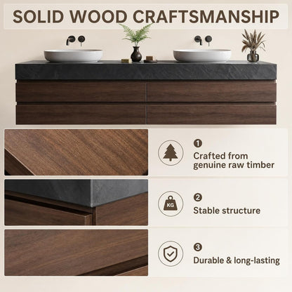 52''-110'' Floating Bathroom Vanity with Double Sinks Includes Wood Finish Sintered Stone