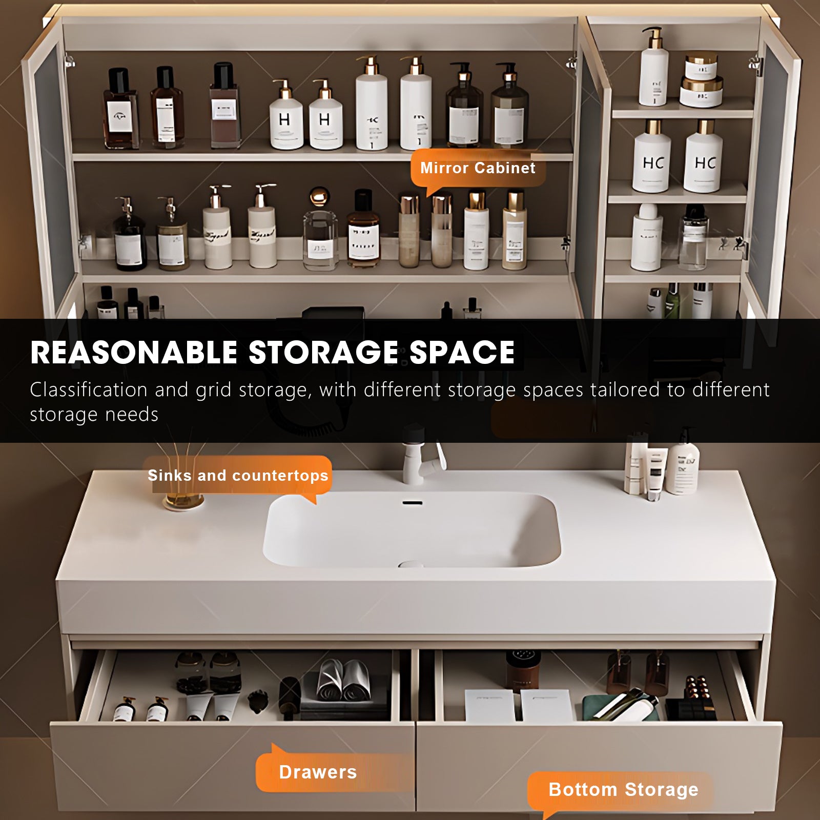 40"- 72" Single Basin Floating Bathroom Vanity Set with Mirror Cabinet
