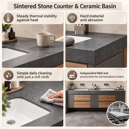 52‘’-110‘’ Floating Bathroom Vanity Sinks Set Includes Color-Blocked Cabinet Design