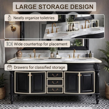52''-110'' Modern Bathroom Vanity with Double Sinks Includes Black Carved Mirror