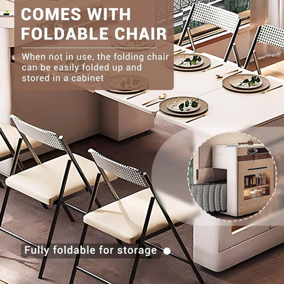 White Minimalist Kitchen Island with Foldable Cabinets & Visual Storage (6 Chairs)