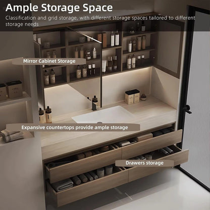 40” - 64” Modern Floating Bathroom Vanity Include Ceramic Basin & Defog Mirror Cabinet