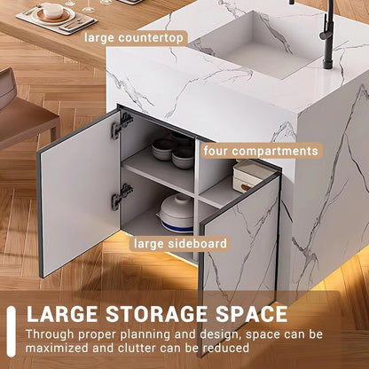 92” - 100” Simple Natural Kitchen Island Includes White Patterned Platform (No Chair)