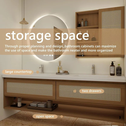 60” - 78” Japanese Simple Bathroom Vanity Includes Open Storage Rack & Hidden Handle