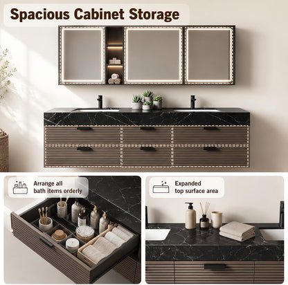 72‘’-110‘’ Modern Bathroom Vanity with Sinks Includes 6 Deep Drawers and 3 Mirrors