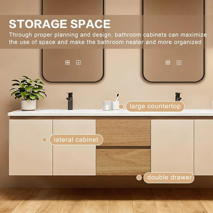 60” - 84” Modern Smart Bathroom Vanity with Wood and White Cabinet