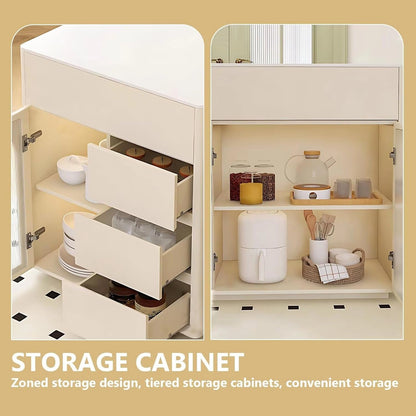 65” - 73” White Simple Kitchen Island with Various Storage Spaces & Slide Rail Socket (No Chair)