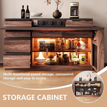 59” - 79” Brown Practical Kitchen Island with Various Storage Spaces & Rotatable Table (No Chair)