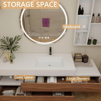 60” - 68” Unique Floating Bathroom Vanity with Mirror Side Cabinet