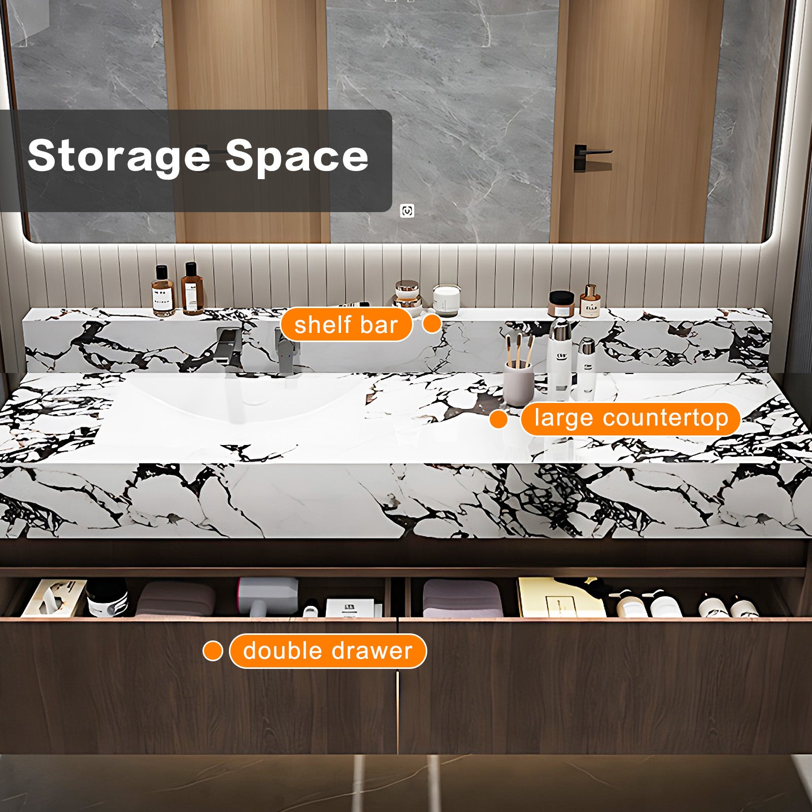 36"- 64" Single Bathroom Vanity Set with Smart Led Mirror and Ceramic Basin
