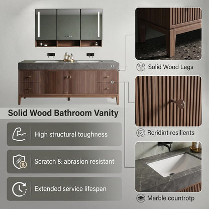 52‘’-110‘’ Freestanding Bathroom Vanity Sinks Set Includes  Vertical Slats,Walnut Wood Veneer
