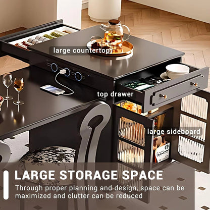 89” - 96” American Black Kitchen Island with Striped Glass Storage Door (No Chair)