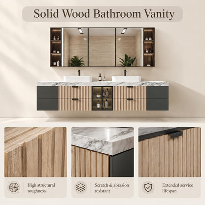 52''-110'' Floating Bathroom Vanity with Double Sink Includes Open Glass Shelves