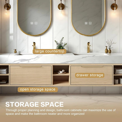 76” - 96” Cozy Elegant Bathroom Vanity with LED Smart Defogging Mirror & Open Storage Rack