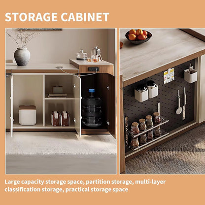 79” Light Beige Kitchen Island Includes Embedded Socket & Large Storage Space (No Chair)