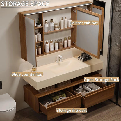 48” - 64” Wood Grain Bathroom Vanity with Rock Slab Integrated Sink