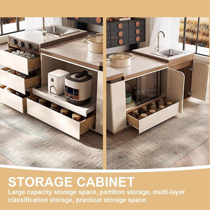 67” – 93” Simple Beige Kitchen Island Includes Retractable and Liftable Design (No Chair)