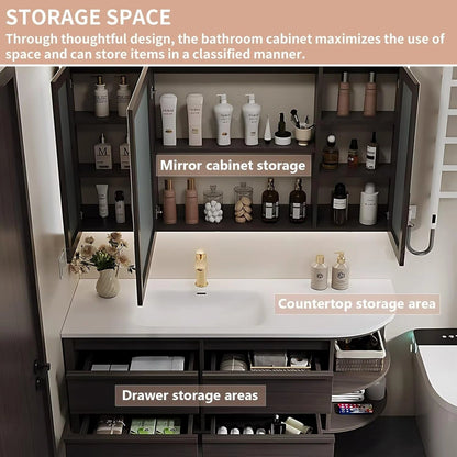 40” - 60” Brown Wood Bathroom Vanity with Open Storage Rack & Integrated Basin
