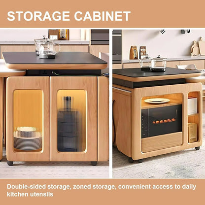 94” - 102” Exquisite Log Kitchen Island Includes Embedded Socket & Glass Door (No Chair)