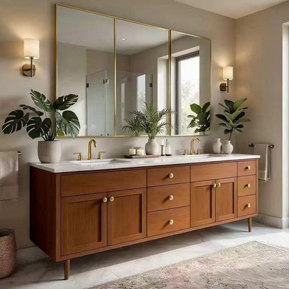 68” - 96” Wood Grain Bathroom Vanity with Exquisite Handle and Round Mirror