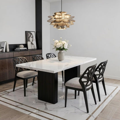 56"-88"Modern White Marble Dining Table with Black Fluted Base for 4-6 People